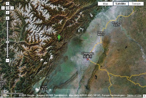 四川汶川地震的震中和周边地区地形图