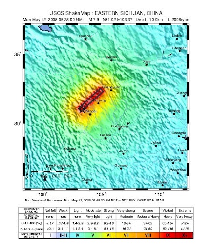 汶川地震震区烈度和受影响人口分布图
