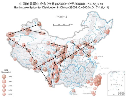 中国历史上7级以上的大地震震中分布图